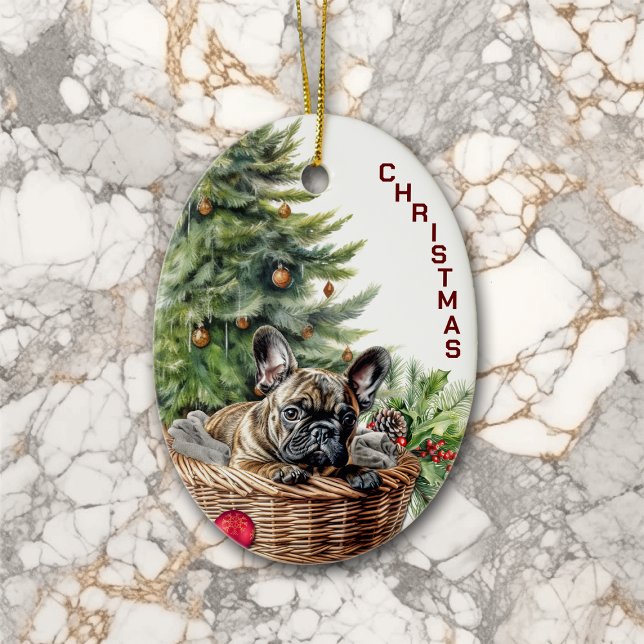 French Bulldog Wicker Basket Christmas Ceramic Tree Decoration (Creator Uploaded)