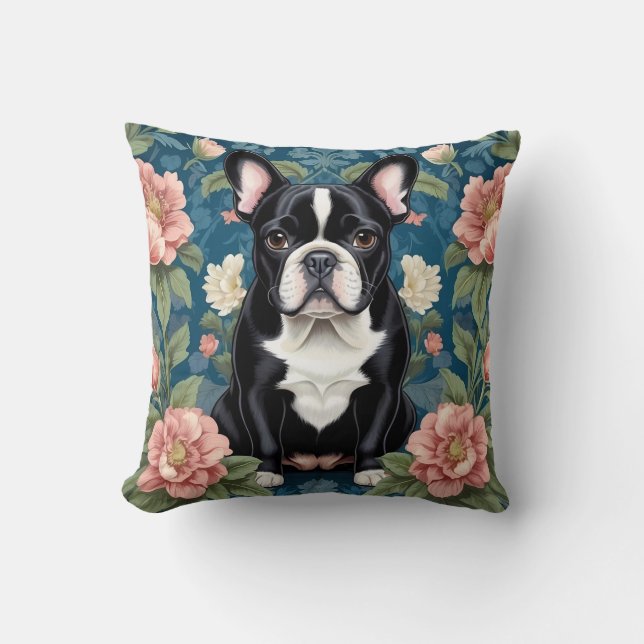 French Bulldog William Morris Inspired Floral Cushion (Front)