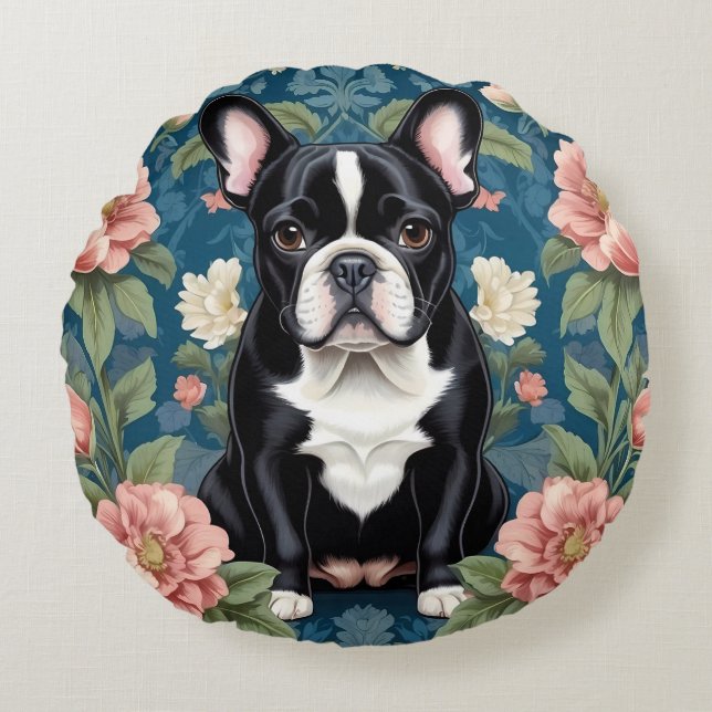 French Bulldog William Morris Inspired Floral Round Cushion (Front)