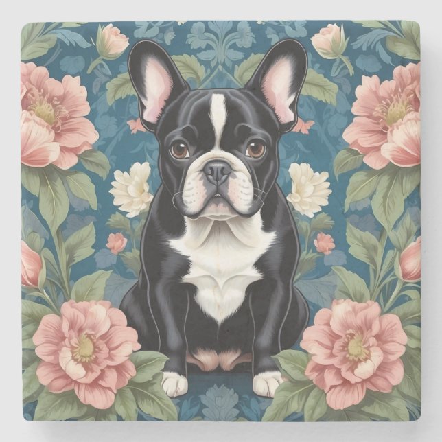 French Bulldog William Morris Inspired Floral Stone Coaster (Front)