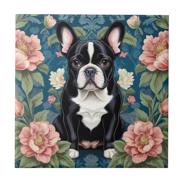 French Bulldog William Morris Inspired Floral Tile (Front)