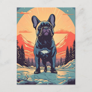 French Bulldog winter mountain forest during sunse Postcard