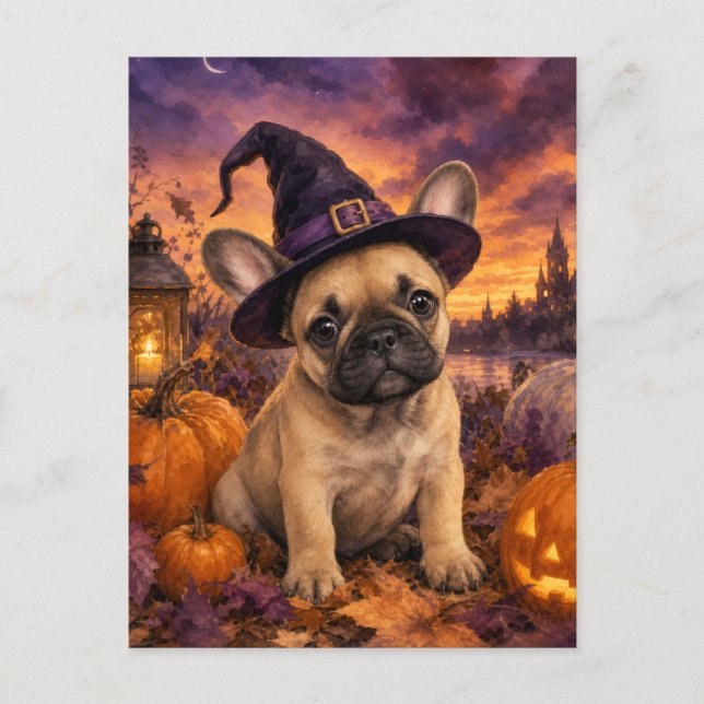 French Bulldog Witch Hat Pumpkin Postcard (Front)