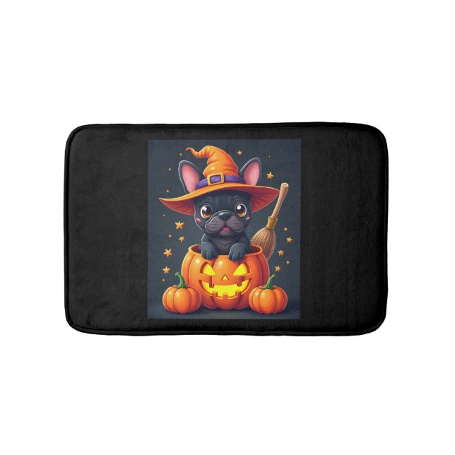 French Bulldog Witch Pumpkin Halloween Mens Womens Bath Mat (Front)