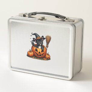 French Bulldog Witch Pumpkin Halloween Mens Womens Metal Lunch Box