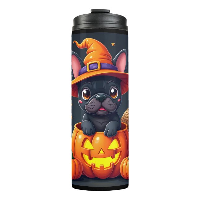 French Bulldog Witch Pumpkin Halloween Mens Womens Thermal Tumbler (Front)