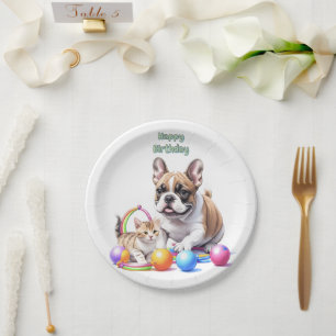 French Bulldog with cat Paper Plate