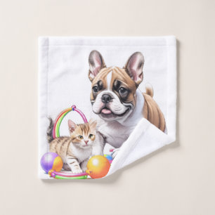 French Bulldog with cat Wash Cloth