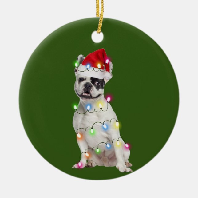 French Bulldog With Christmas Scafts Santa Ceramic Tree Decoration (Front)