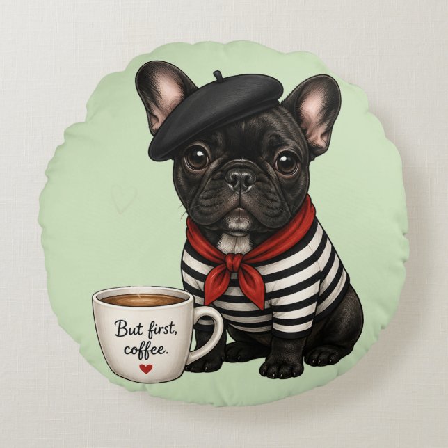 French Bulldog with coffee Round Cushion (Front)
