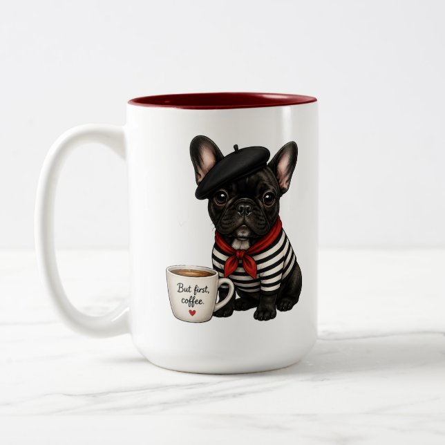 French Bulldog with coffee Two-Tone Coffee Mug (Left)