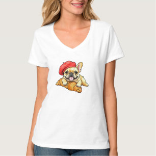 French bulldog with croissant beret Funny Frenchie T-Shirt