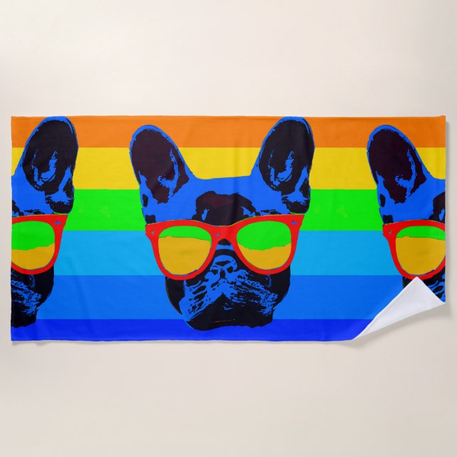 French bulldog with glasses Pop art style Beach Towel (Front)