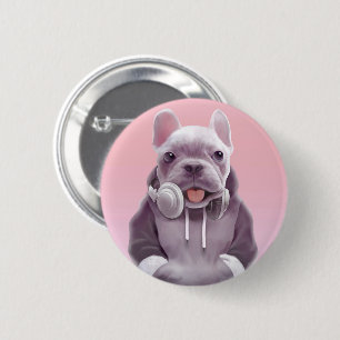 French Bulldog with Headphones Illustration 6 Cm Round Badge