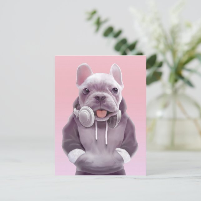 French Bulldog with Headphones Illustration Announcement Postcard (Standing Front)
