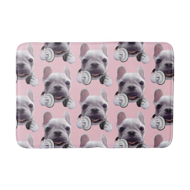 French Bulldog with Headphones Illustration Bath Mat (Front)