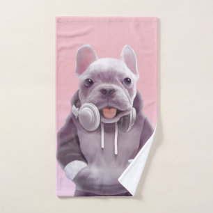 French Bulldog with Headphones Illustration Bath Towel Set