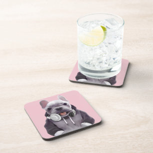French Bulldog with Headphones Illustration Coaster