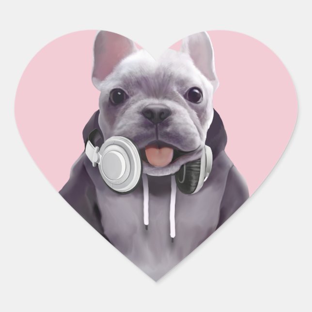 French Bulldog with Headphones Illustration Heart Sticker (Front)