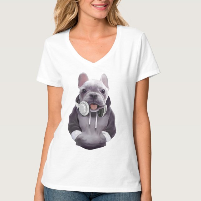 French Bulldog with Headphones Illustration T-Shirt (Front)