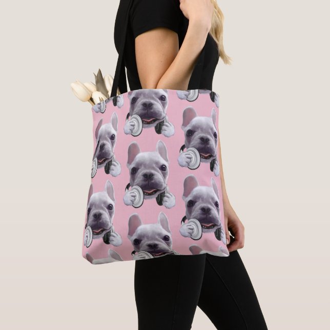 French Bulldog with Headphones Illustration Tote Bag (Close Up)
