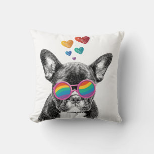 French Bulldog with Hearts Valentine's Day  Cushion