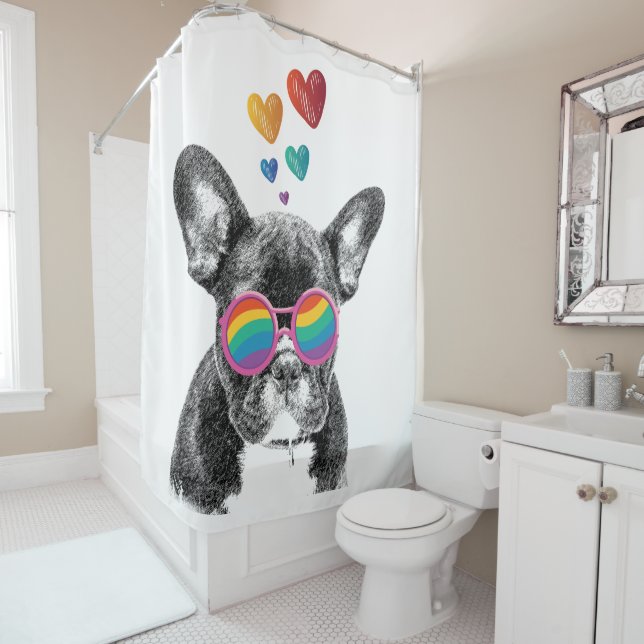 French Bulldog with Hearts Valentine's Day  Shower Curtain (In Situ)