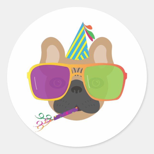 French Bulldog With Party hat and Sunglasses Classic Round Sticker (Front)