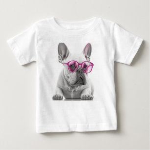 French Bulldog with pink glasses Baby Fine Tshirt