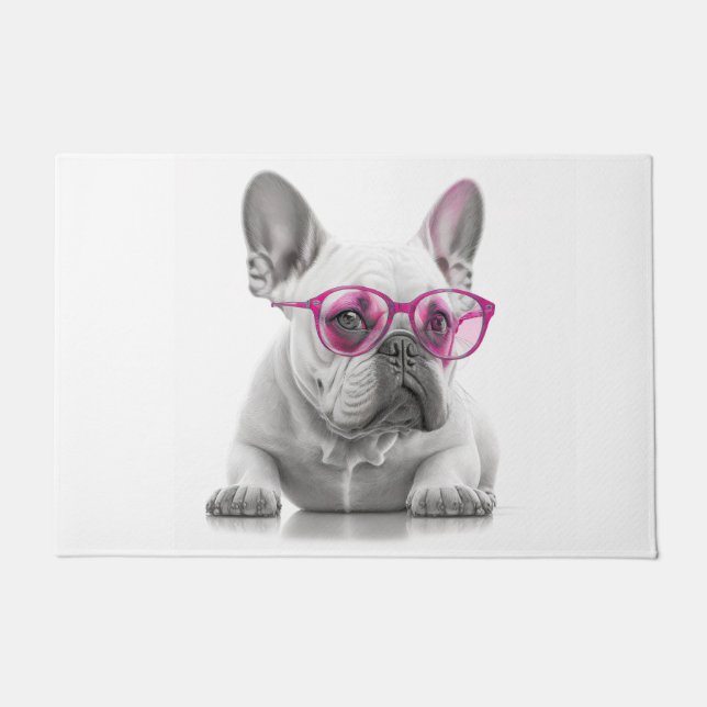 French Bulldog with pink glasses Door Mat (Front)