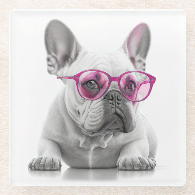French Bulldog with pink glasses glass Coaster (Front)