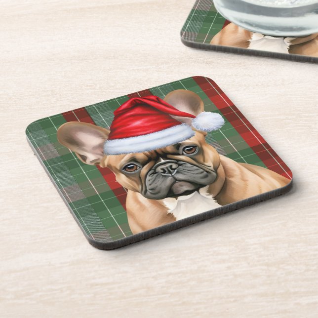 French Bulldog with Red and Green Holiday Plaid Coaster (Left Side)