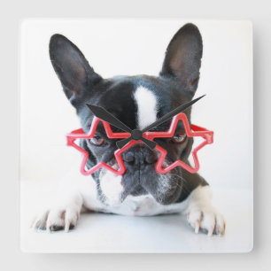 French Bulldog With Red Star Glasses Square Wall Clock