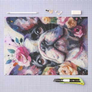 French Bulldog with Roses Floral Decoupage Tissue Paper