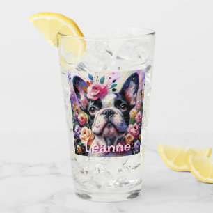 French Bulldog with Roses Floral Personalised Glass