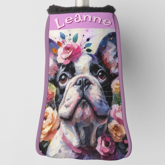 French Bulldog with Roses Floral Personalised Golf Head Cover (Rotate 90)