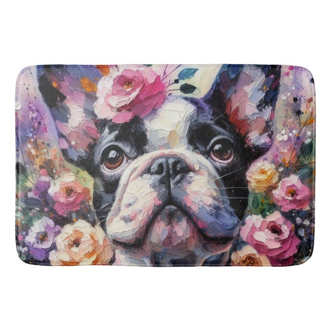 French Bulldog with Roses Impressionistic Painting Bath Mat (Front)
