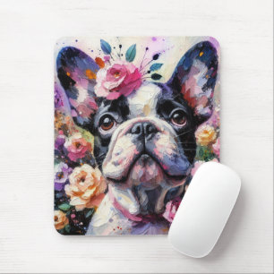 French Bulldog with Roses Impressionistic Painting Mouse Pad