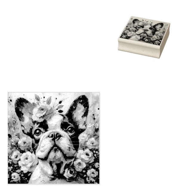 French Bulldog with Roses Impressionistic Painting Rubber Stamp (Stamped)