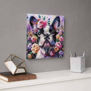 French Bulldog with Roses Impressionistic Painting Square Wall Clock