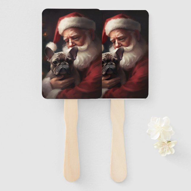 French Bulldog With Santa Claus Festive Christmas Hand Fan (Front and Back)