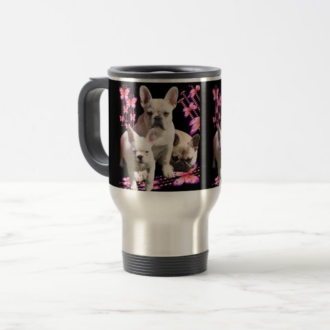 French bulldog with three bulldoggs in pink travel mug (Front Left)