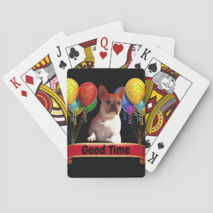French bulldogger with balloons playing cards