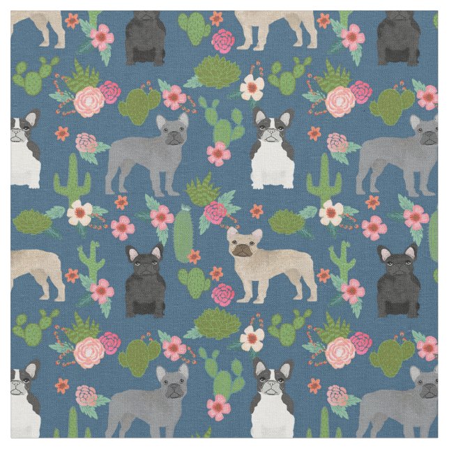 French Bulldogs Cactus Floral Fabric (Close Up)