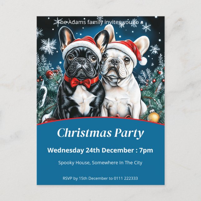 French Bulldogs Christmas Party Invitation Postcard (Front)