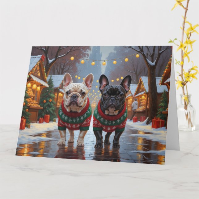 French Bulldogs Christmas Snow Holiday Card (Yellow Flower)