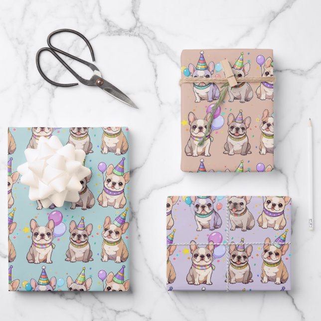 French Bulldogs Pastel Birthday Pattern Wrapping Paper Sheet (Front)