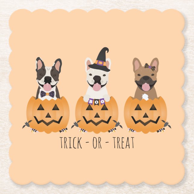 French Bulldogs Trick Or Treat Pumpkin Paper Coaster (Front)