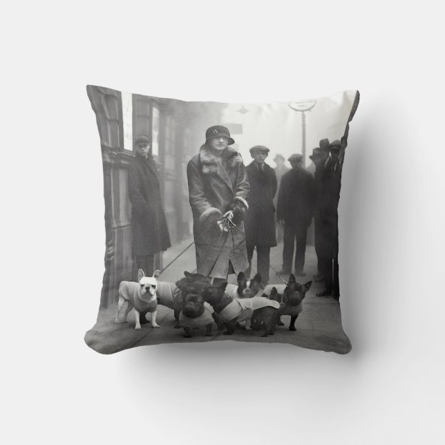 French Bulldogs with Dog Walker Throw Pillow (Front)