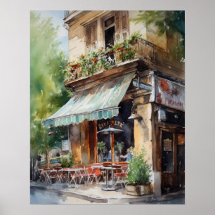 French Cafe Watercolor Landscape Art Print Poster